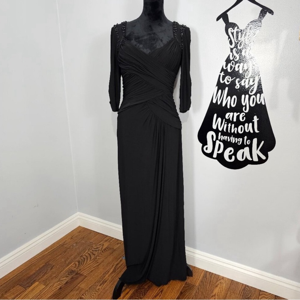 Adrianna Papell Ruched V-neck beaded Black Evening Sheath Maxi Dress